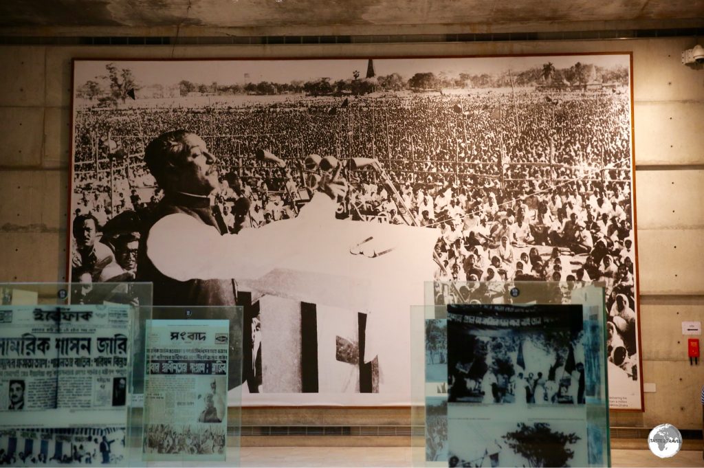 A display in the Museum of Independence shows the declaration of Independence made by Sheikh Mujibur Rahman on the sight of the present museum.