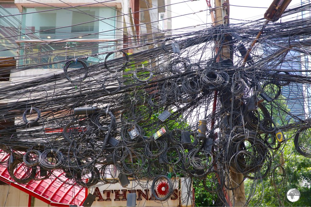 Spaghetti junctions - power cables in Dhaka.