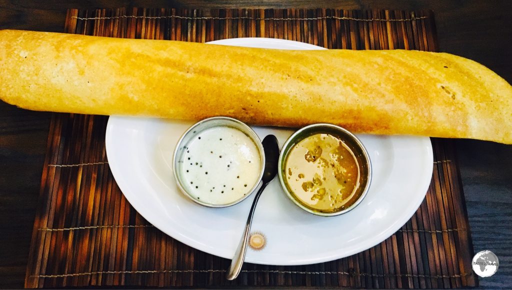 Served at Tarka restaurant, the excellent Dosa is filled with Chicken Marsala and is accompanied by two delicious homemade sauces.