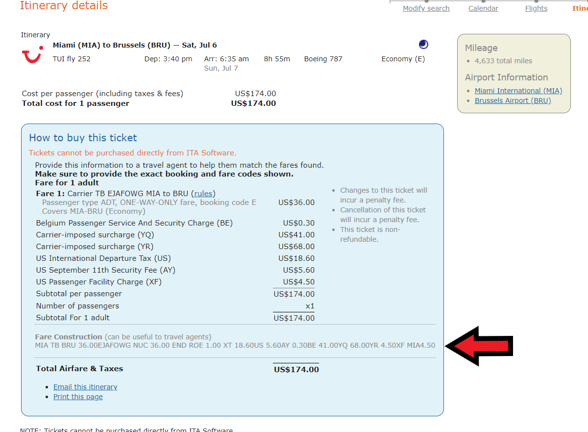 How to Book Cheap Flights: The itinerary for the TUI Fly flight includes the all-important fare construction code for the ticket.