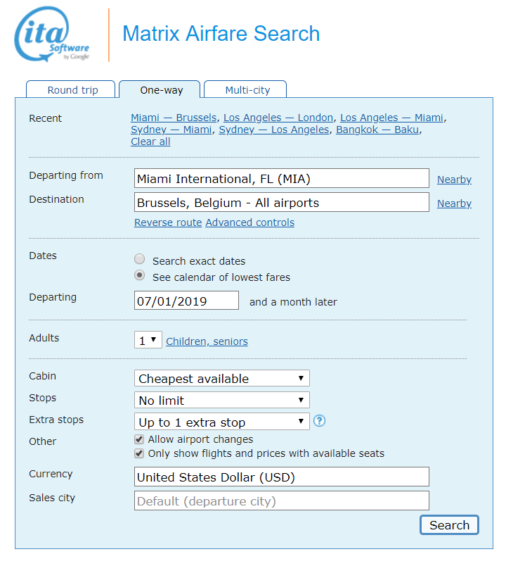 A search on the ITA Matrix for a one-way flight from Miami to Brussels, selecting a calendar view of lowest fares.