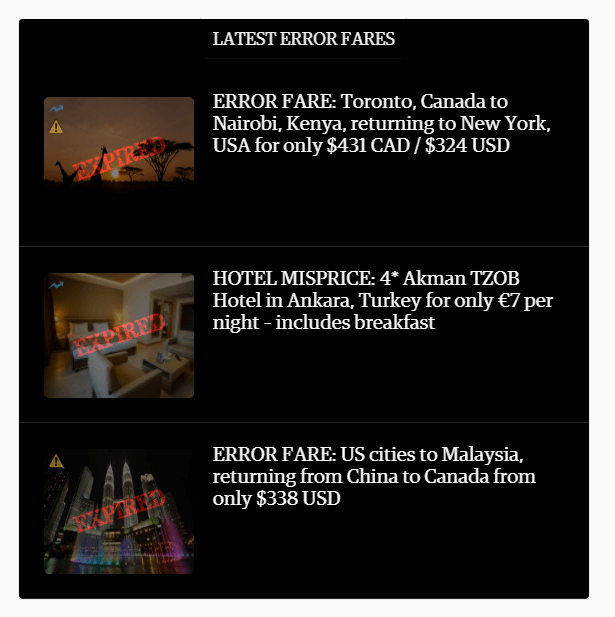 Error Fares displayed on Secret Flying.