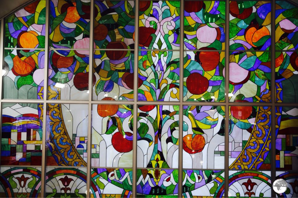 Apple tree’s are everywhere in the city of apples, including this stained-glass artwork at the “Almaly” metro station.