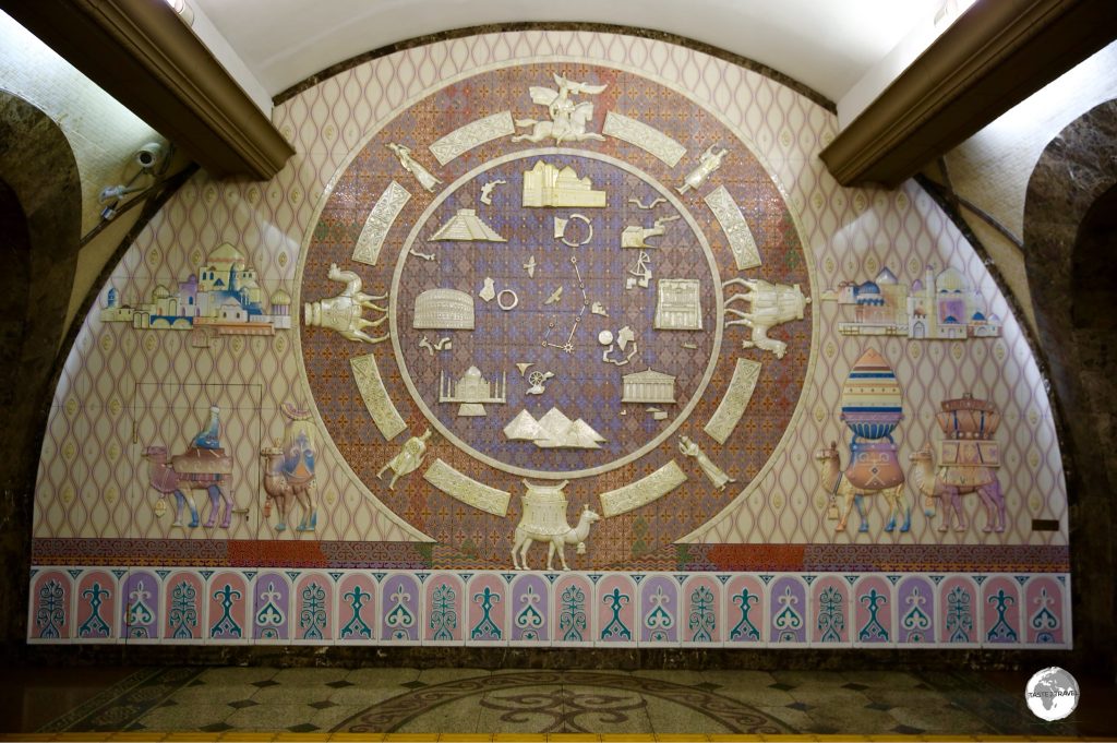 A ceramic mural depicts scenes from the Silk Road at Zhibek Zholy (Silk Road) Metro Station.