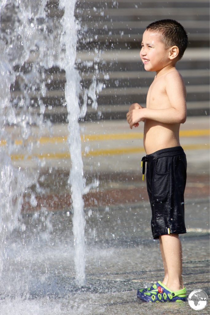 During the heat of summer, the many fountains of Almaty provide an ideal way to cool off.