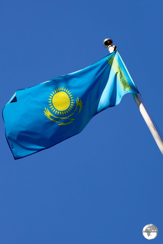 The flag of Kazakhstan flying in Almaty.