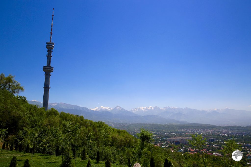 A view of the 372 metre TV tower and the Tian Shan mountains from Kok Tobe.