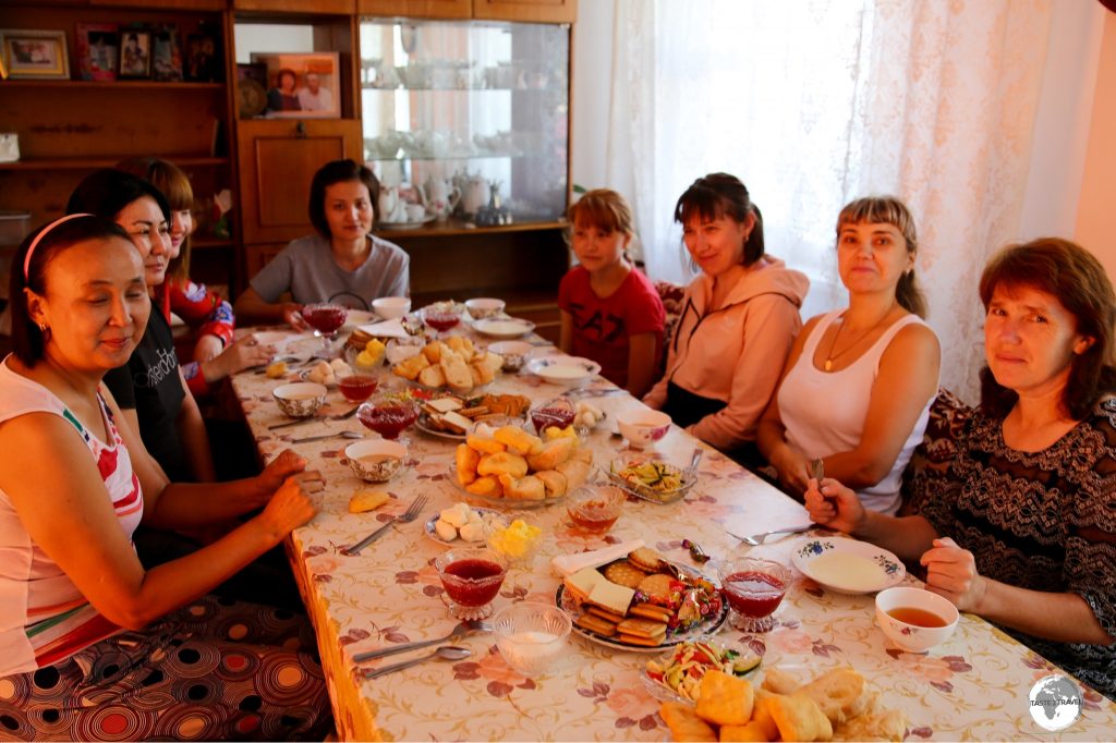 Breakfast time at my family home stay, which was shared with my fellow Kazakh tour members and house guests.