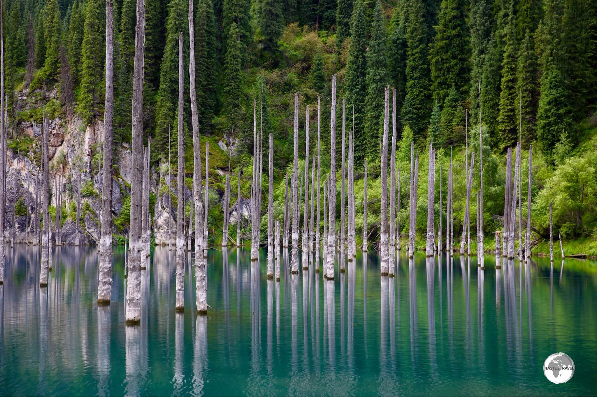 The eerie looking Lake Kaindy is famous for it's submerged forest.