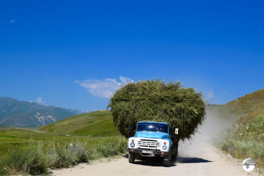 A truck loaded with hay outside of Kazarman.