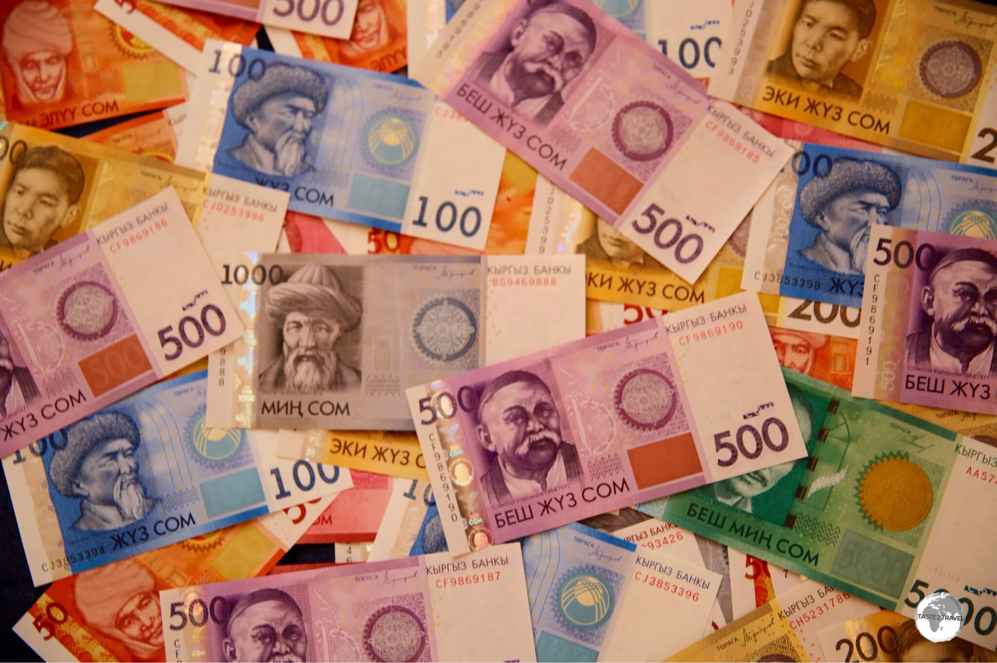 My collection of brand new Som bank notes which I obtained from a bank in Bishkek.