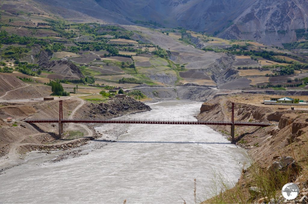 The Tajikistan-Afghanistan Friendship Bridge spans the Panj river at Darvaz.