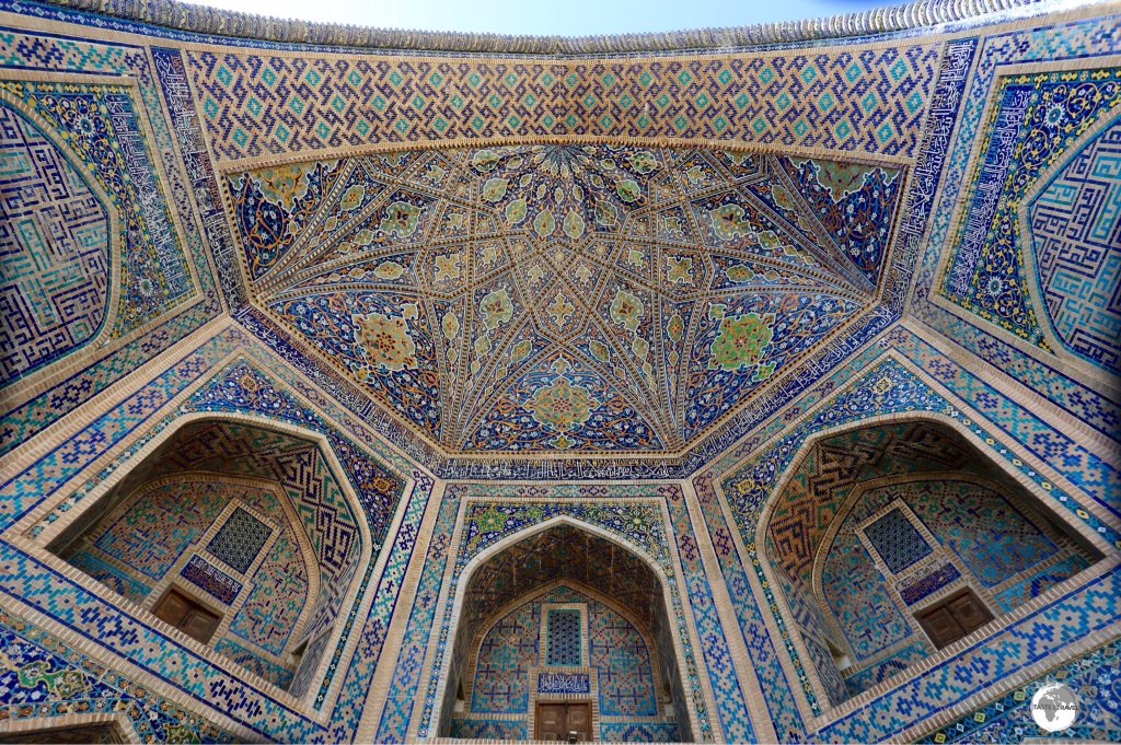 The striking entrance to the Ulugh Beg Madrasah at the Registan.