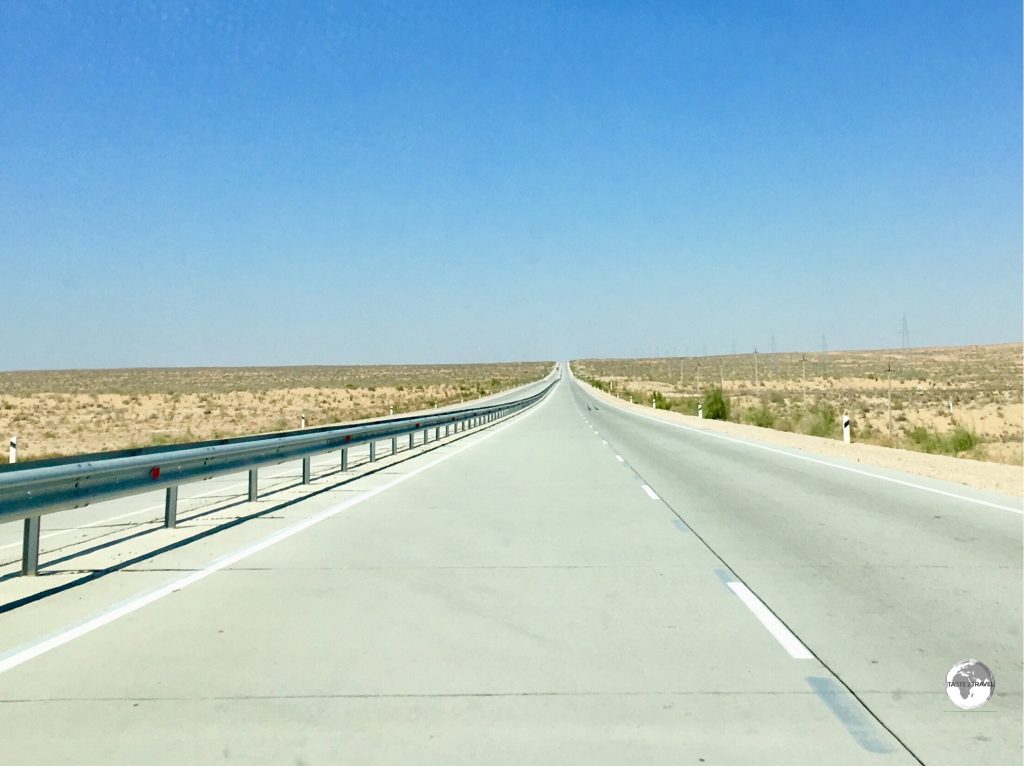View of the excellent highway which connects Bukhara to Khiva.