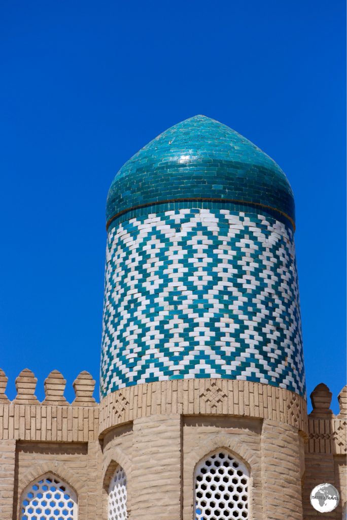 Detail of the minaret at the Kunya Ark citadel in Khiva.