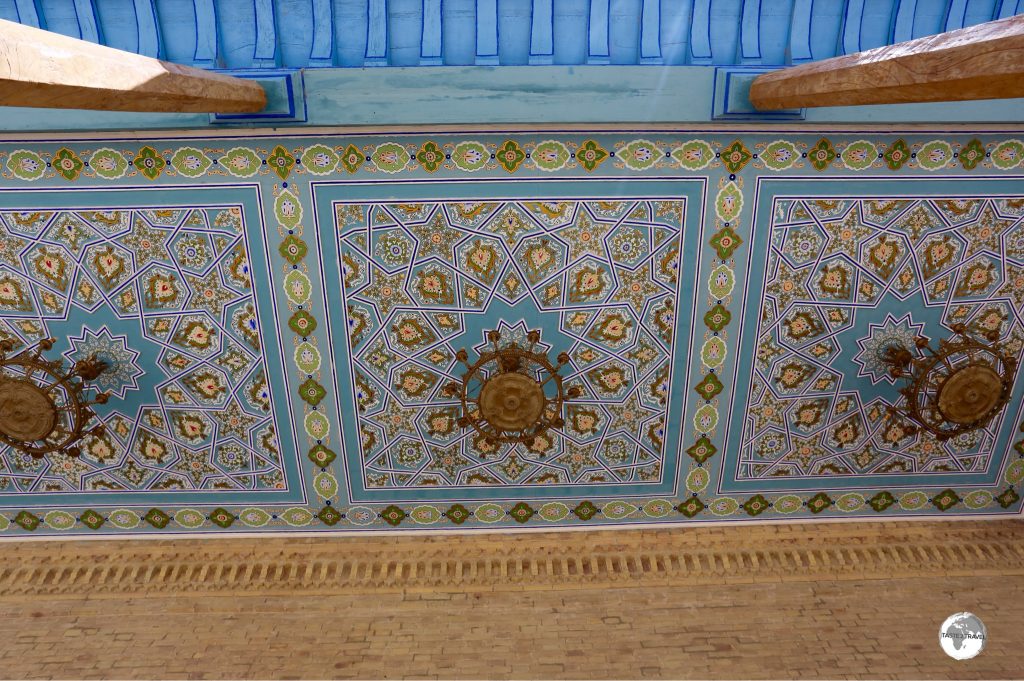 Detail of the ornate palace awning at Nurullaboy Saroyi.
