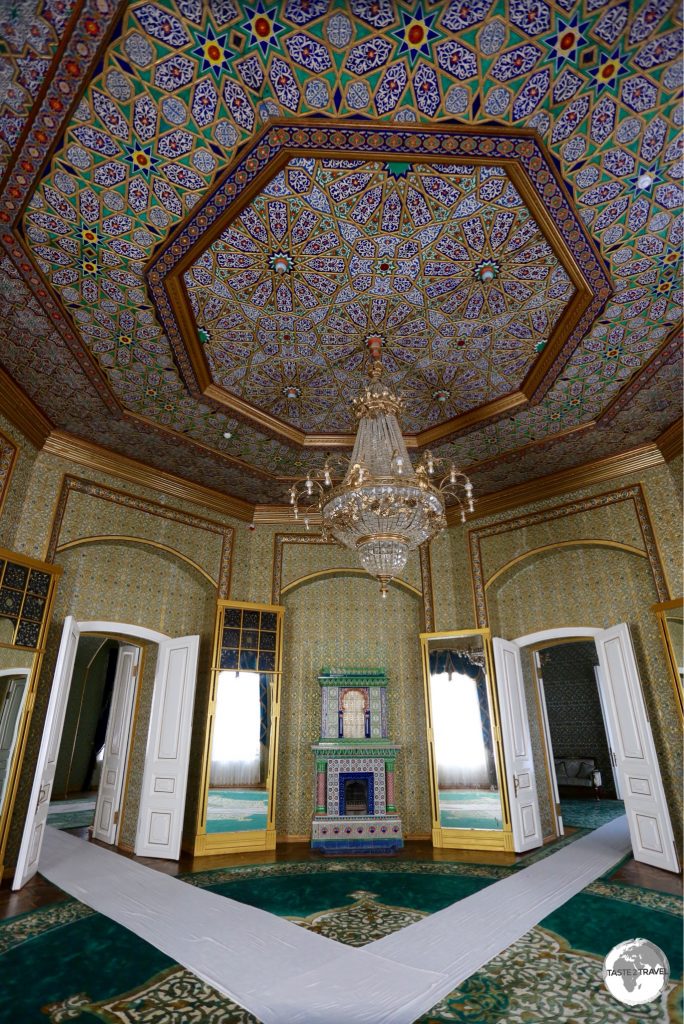 The ornate ceiling of the palace at Nurullaboy Saroyi in Khiva.