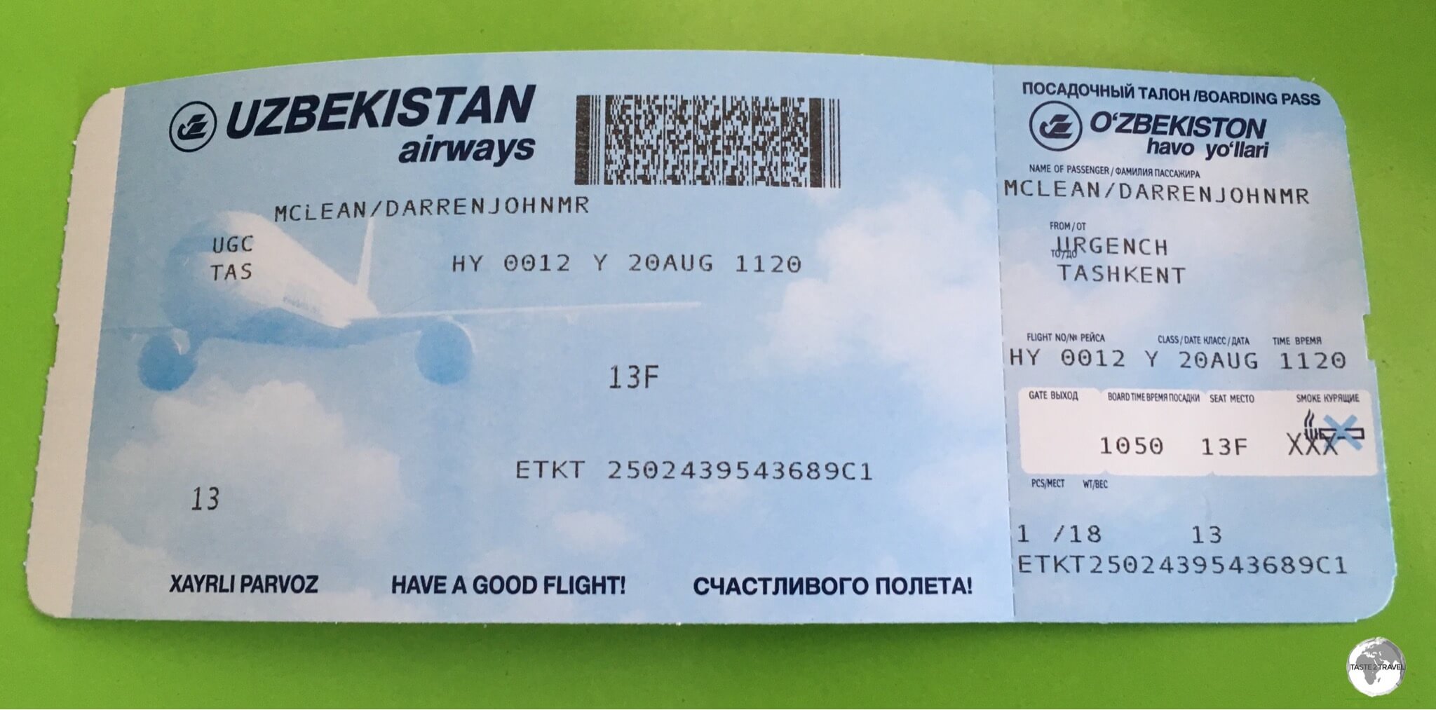 An Uzbekistan Airways boarding pass.