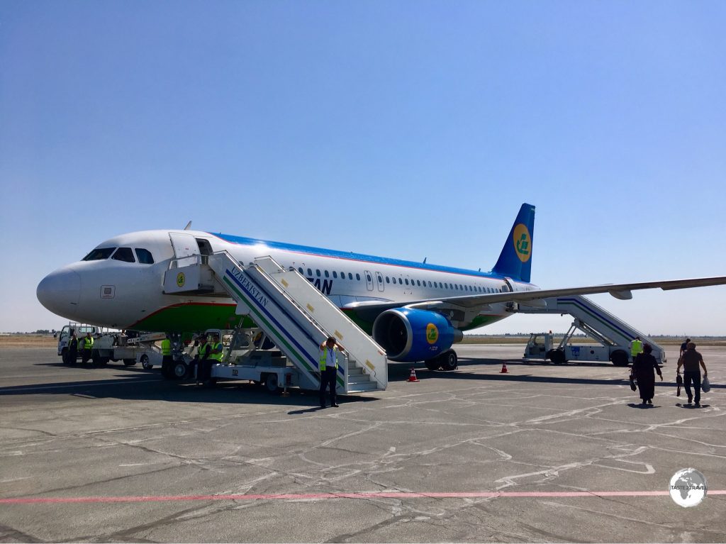 An Uzbekistan Airways flight ready to depart from Urgench airport.