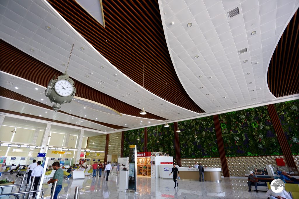 The interior glitzy and sparkling clean main hall of Baku Central Station.
