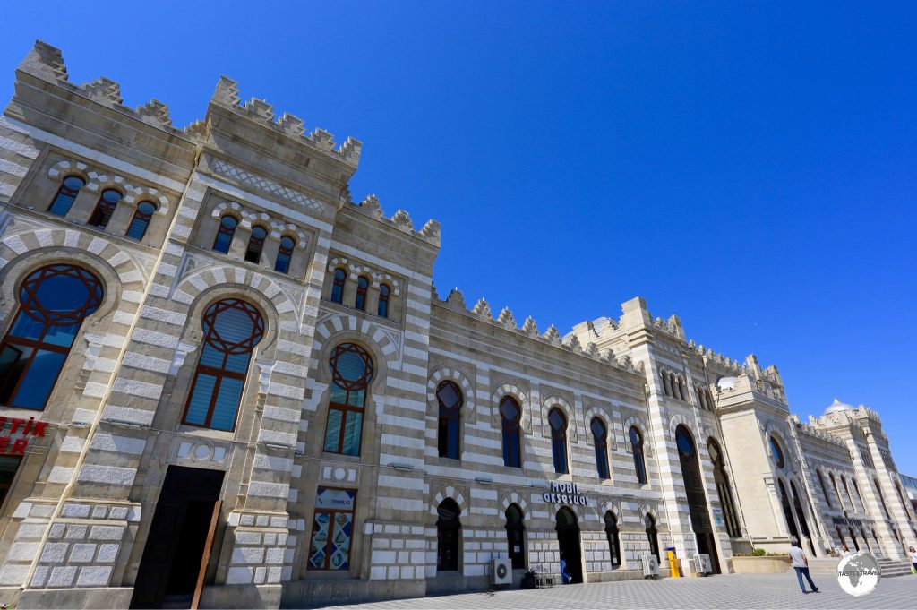 The exterior of the historic Baku Central Train Station.