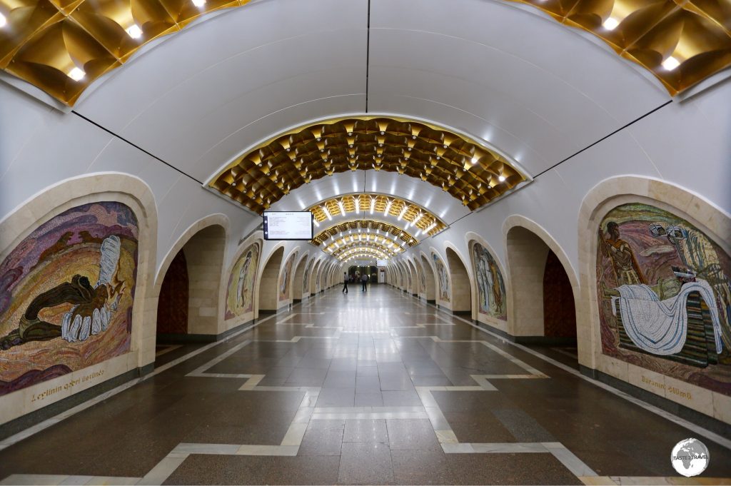 Tile mosaics line the walls of Nizami Metro Station.