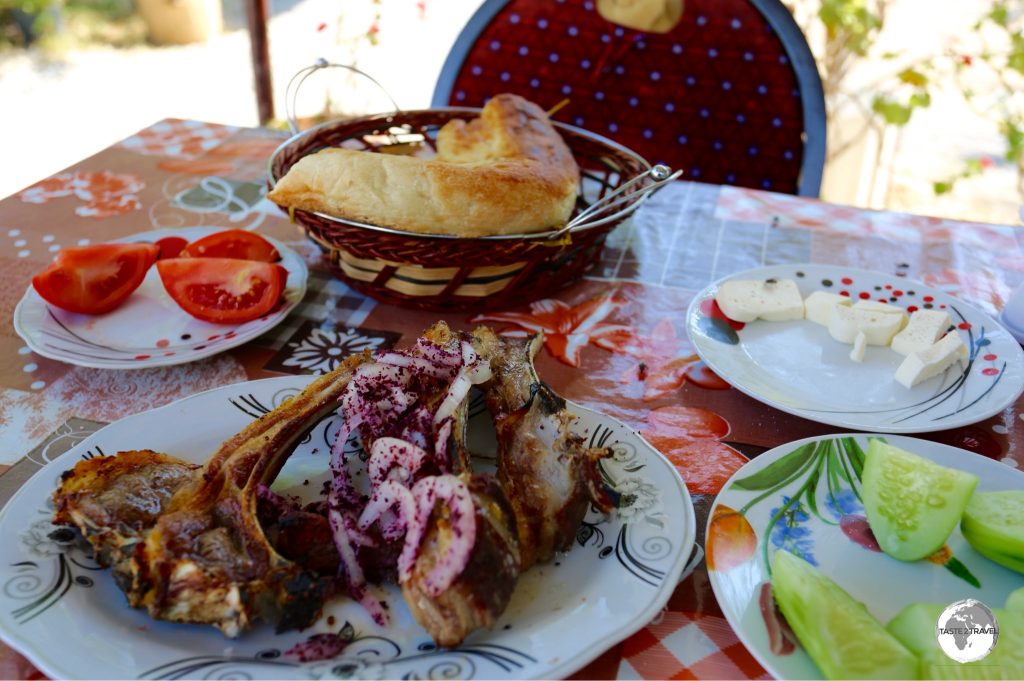 A delicious meal, featuring local lamb, at a roadside restaurant on the road to Sheki.