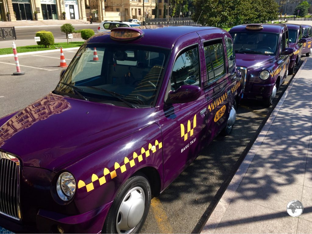 Eggplant-coloured London cabs can be hailed anywhere on the streets of Baku.
