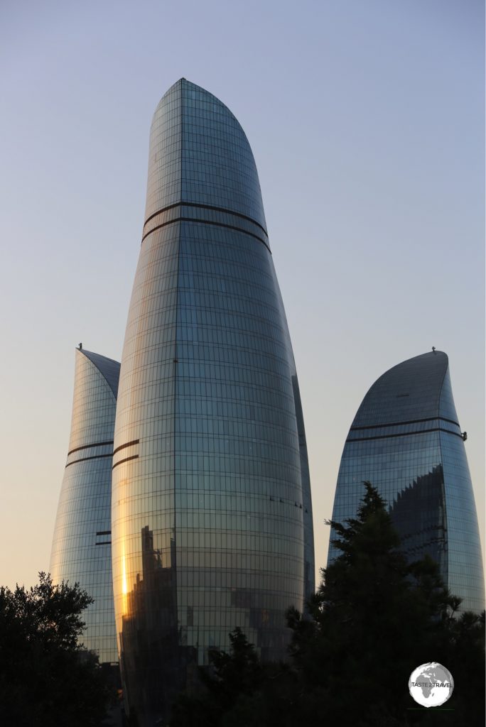 A symbol of a modern and confident city, the Flame Towers dominate the skyline of Baku