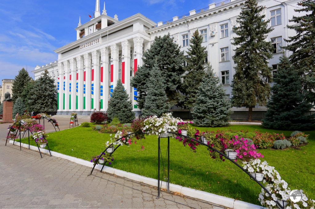 The main street of Tiraspol, 25th of October street, is lined with planter boxes full of colourful flowers.