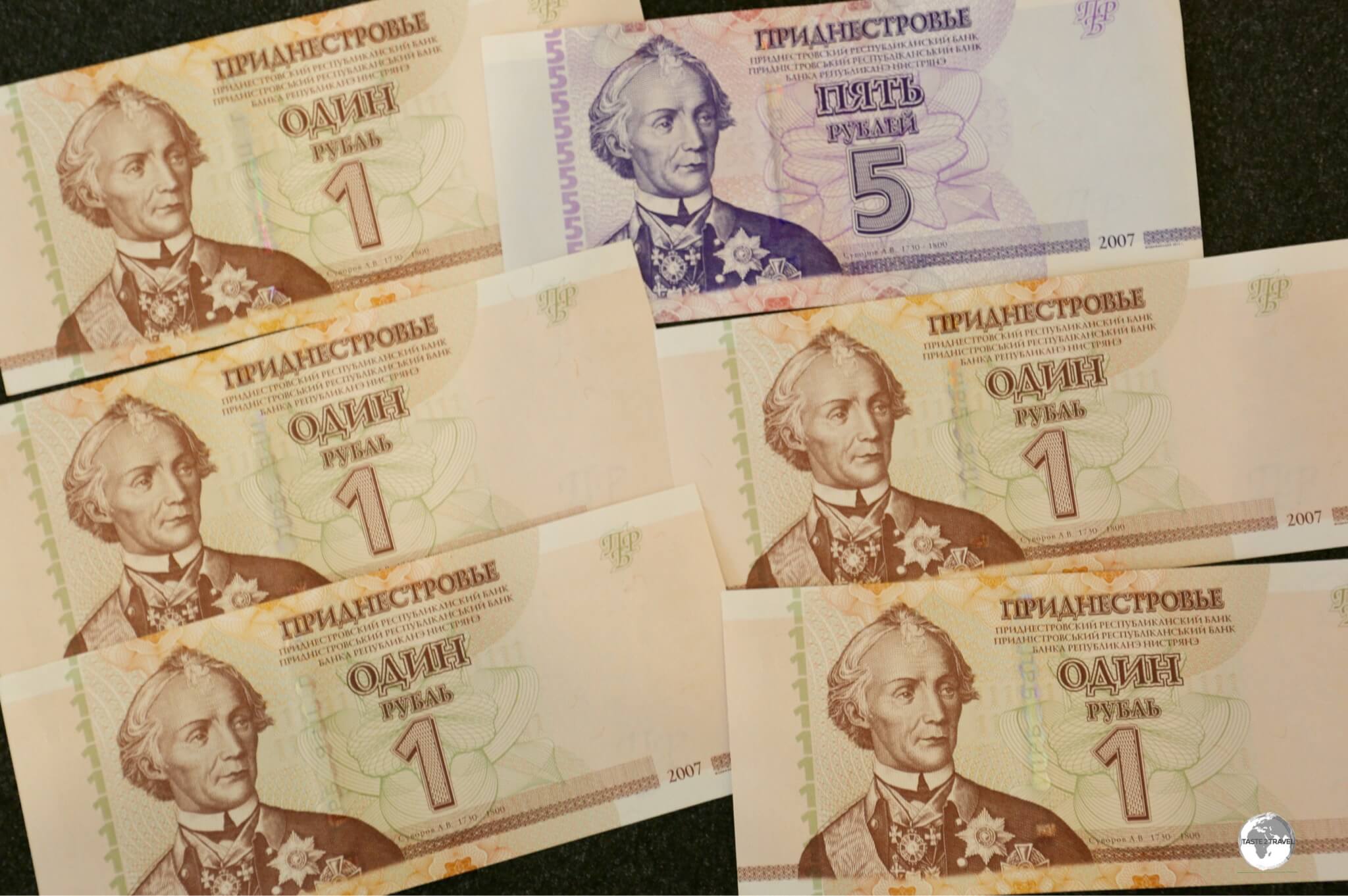 My collection of Transnistrian ruble bank notes which feature an image of Alexander Suvorov, the Russian General who founded Tiraspol.