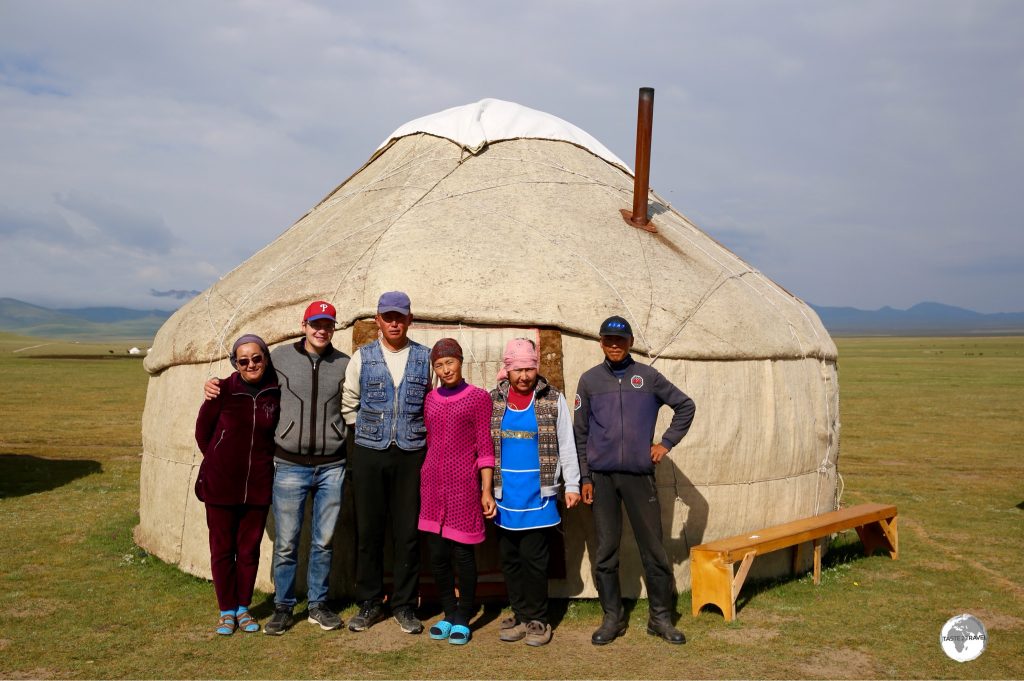 My host family, and their adopted US Peace Corps volunteer, outside one of their yurts, on lake Son-Kul.