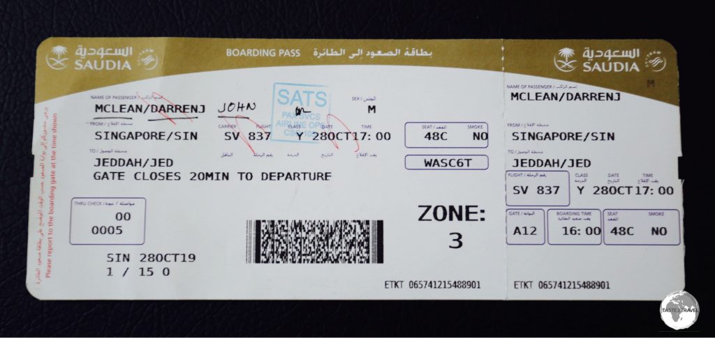 My Saudia boarding pass for my flight from Singapore to Jeddah.