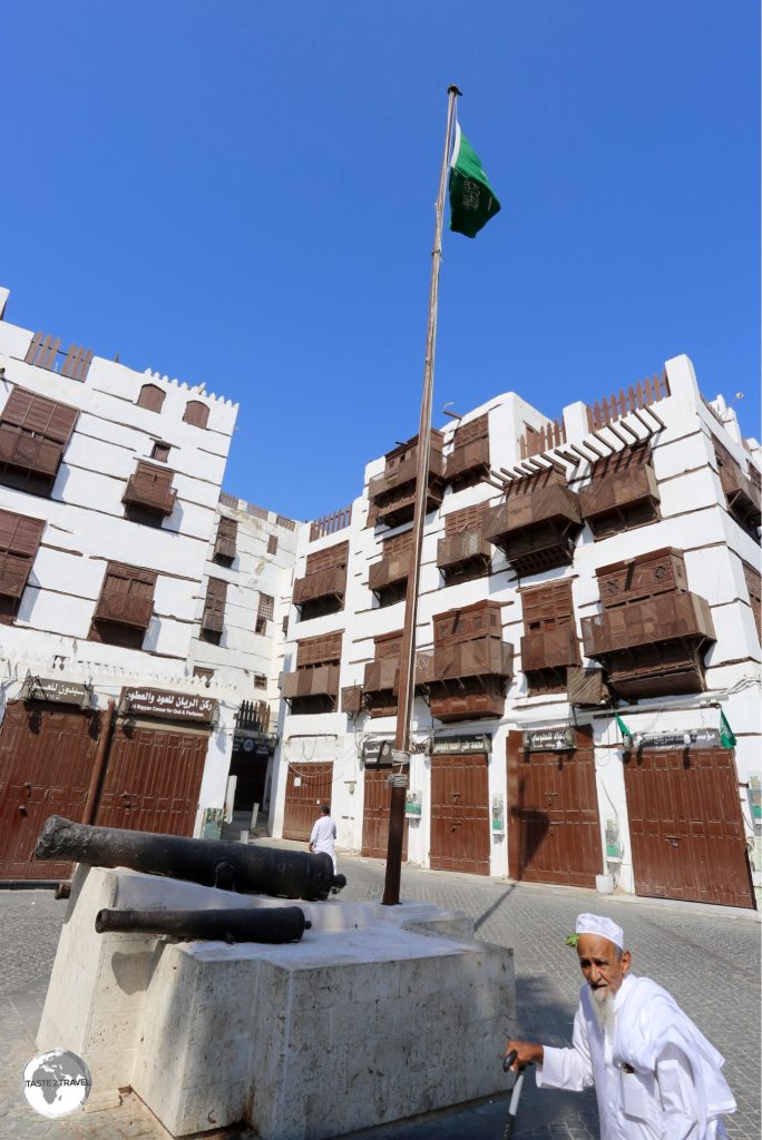 Canons in Al-Balad, which were captured from Portuguese invaders, lie beneath the oldest flagpole in Jeddah.