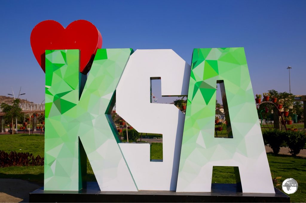 A KSA (Kingdom of Saudi Arabia) sign at Al Rudaf Park in Taif.