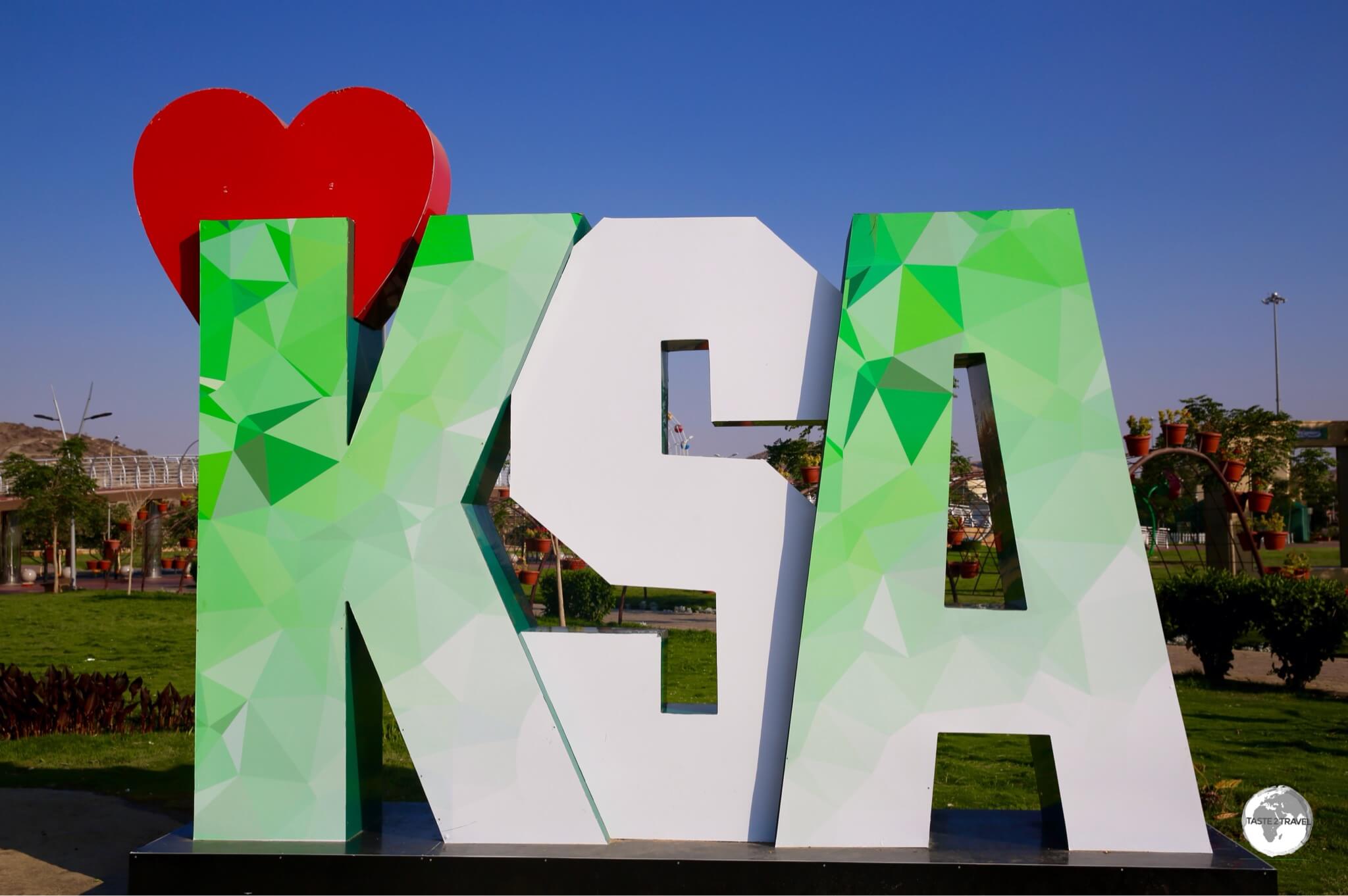A KSA (Kingdom of Saudi Arabia) sign at Al Rudaf Park in Taif.