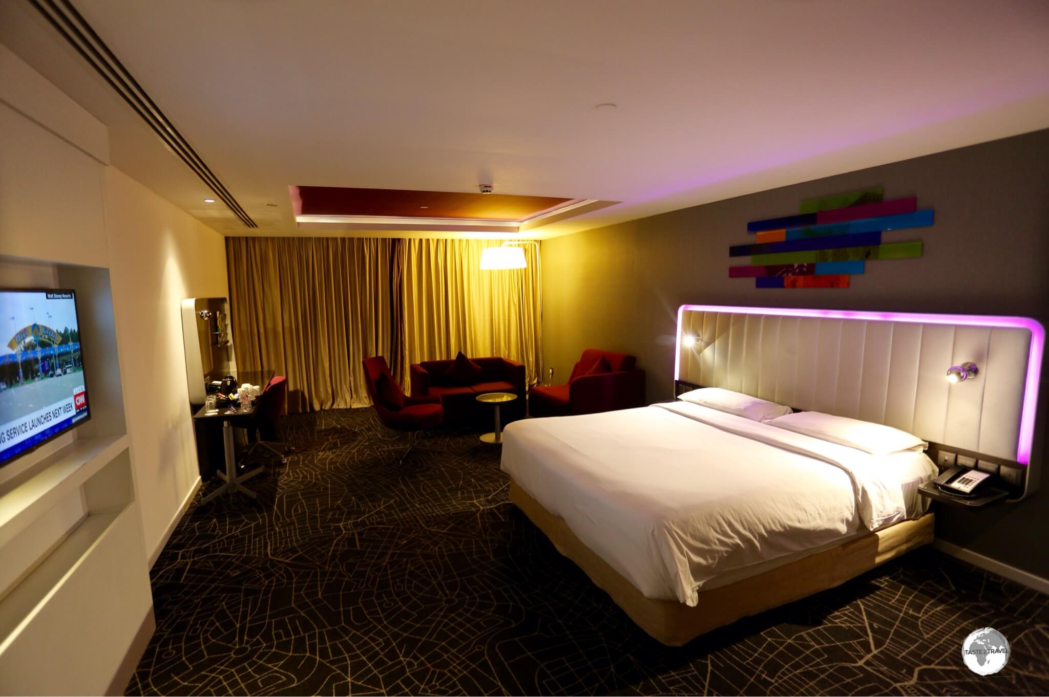 My room at the Park Inn by Radisson in downtown Dammam included mood lighting around the bedhead.