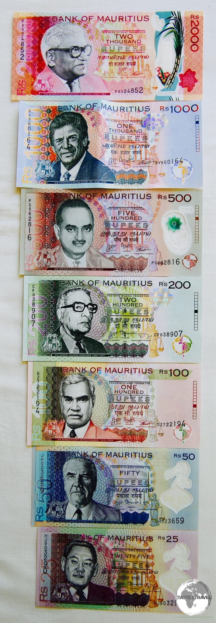The complete set of Mauritian Rupee notes.