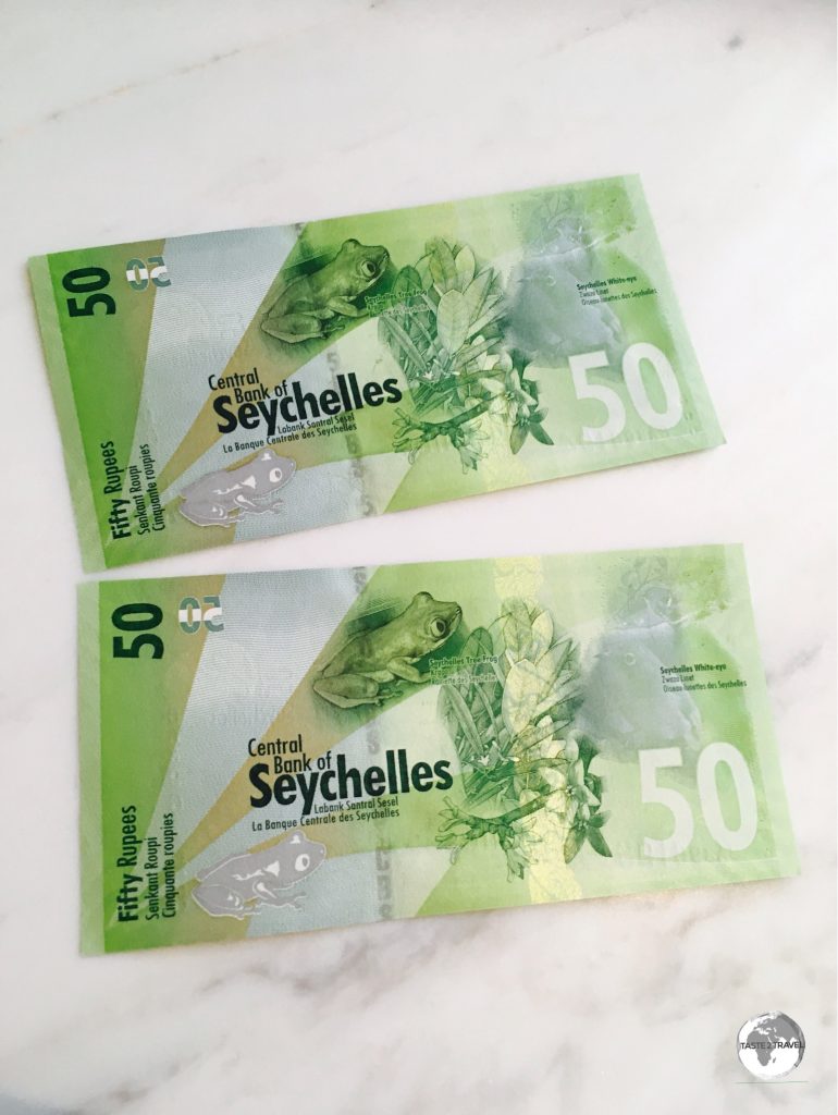 The back of the Seychelles 50 rupee note features the Seychelles Tree Frog.