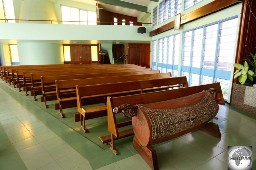 The interior of St. Mary’s cathedral which includes a large, traditional, wooden drum.
