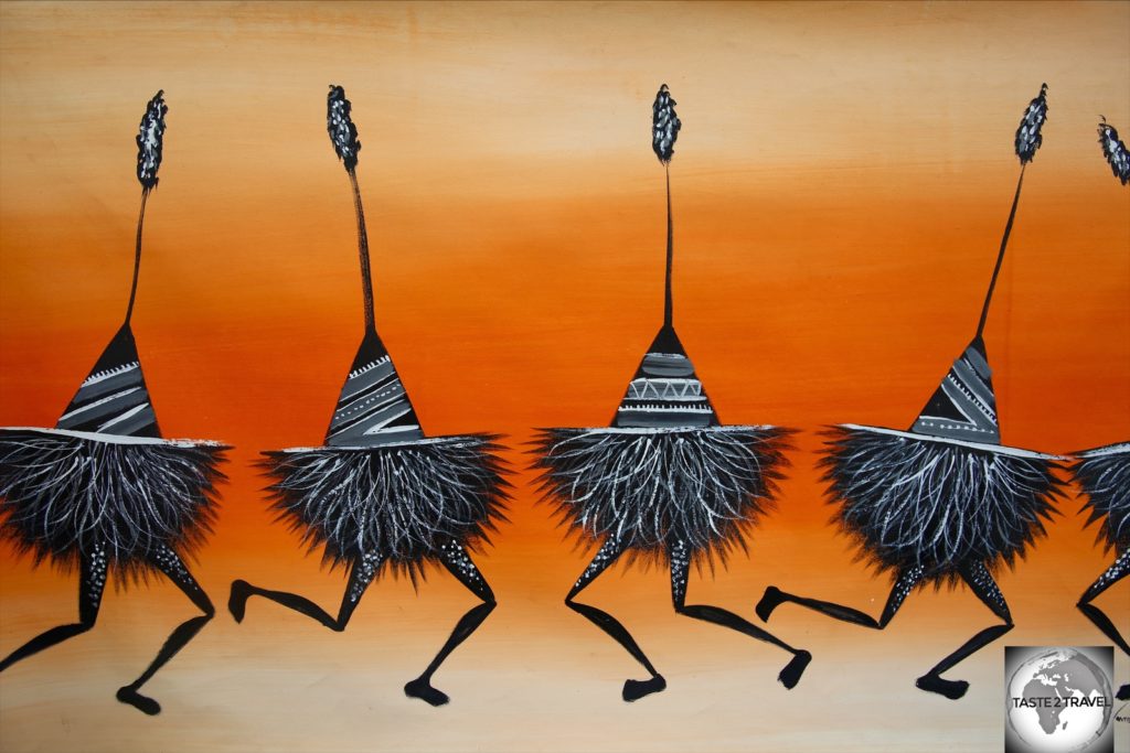 This colourful artwork, which depicts ‘Tumbuan’ dancers from the island of East New Britain, was an inexpensive souvenir at US$30.