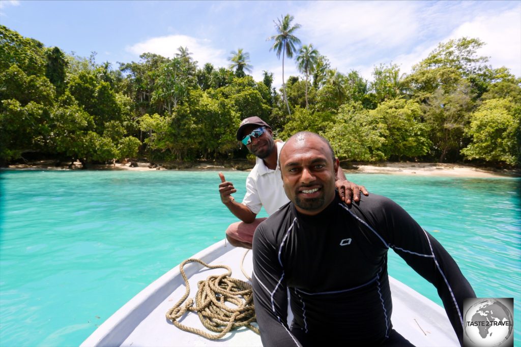 The wonderful dive team from Niugini Dive Adventures – my dive buddy/ instructor, Nathan, in the foreground, and Nigel, the boat captain, at Pig Island.