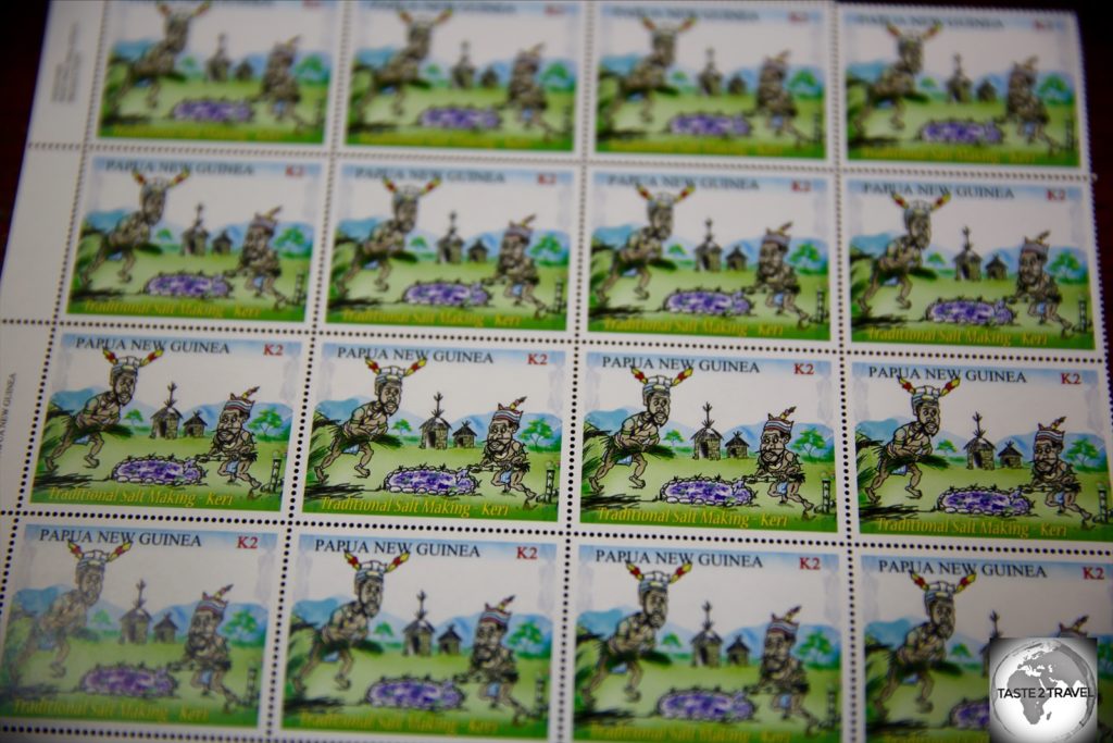 A stamp depicting traditional salt making.