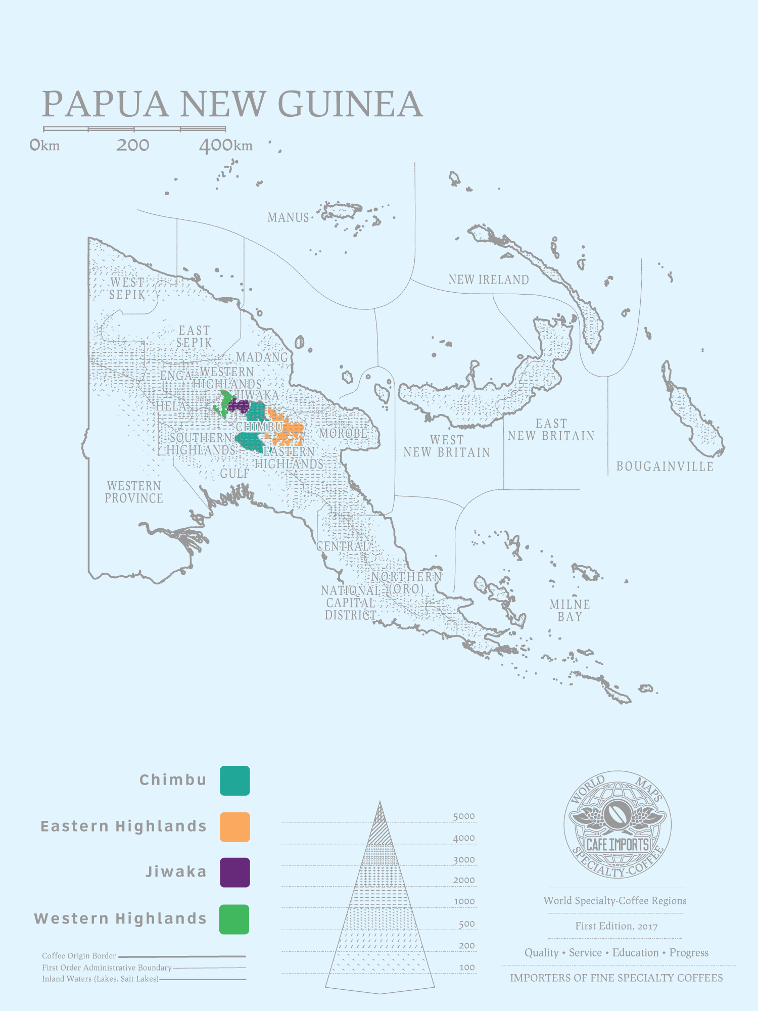 Map showing the coffee growing regions of PNG.