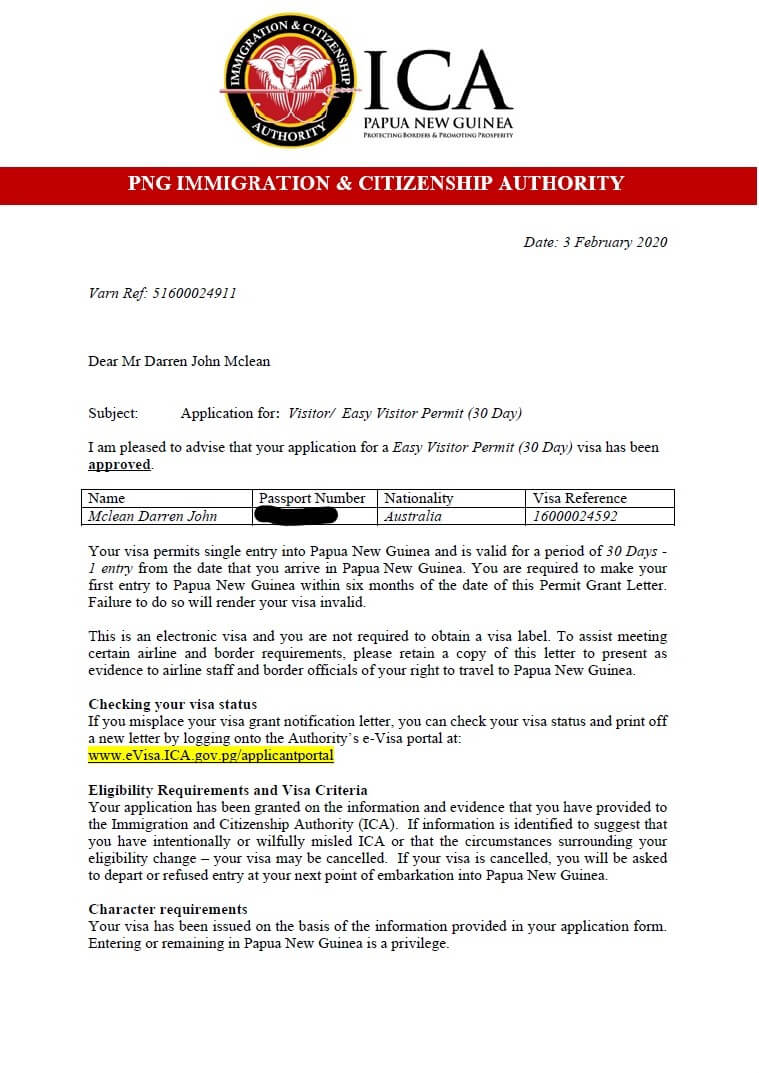 My eVisa approval letter which entitled me to enter PNG for 30 days.