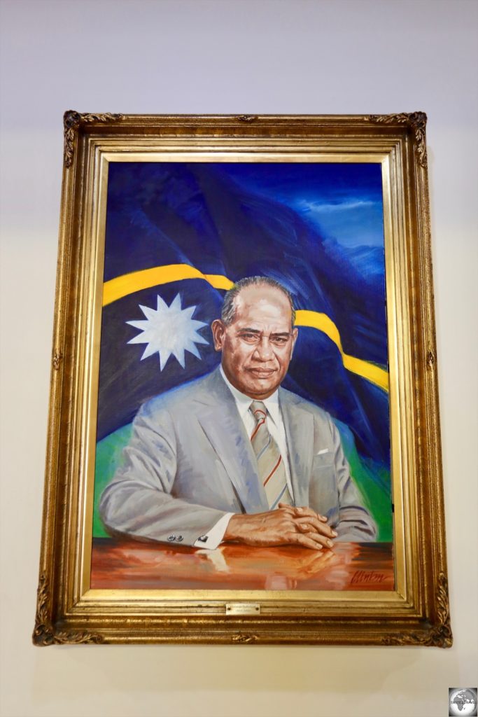 A portrait of the first President of Nauru, Hammer DeRoburt, is displayed inside Parliament House.