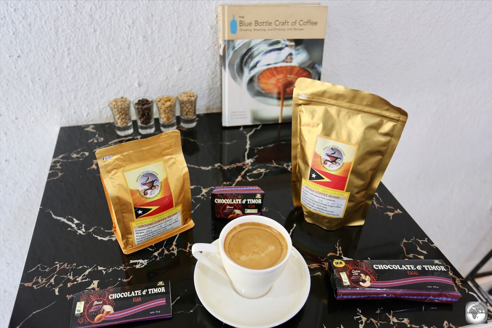 A selection of excellent Timorese coffee and the (less-than-wonderful) local chocolate at Fatima Café.