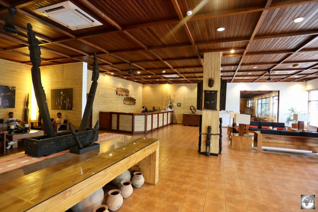 The lobby of the Hotel Timor features displays of Timorese art and photography.