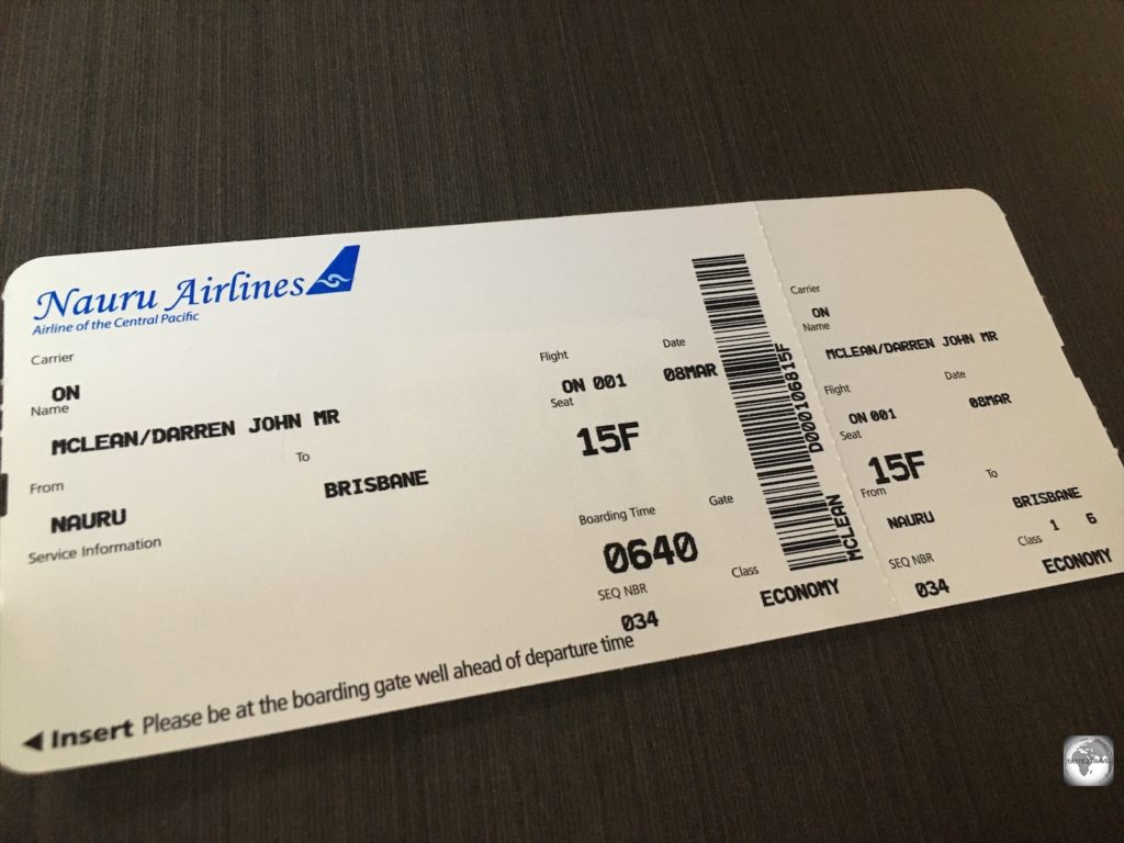 My boarding pass for my flight from Brisbane to Nauru.