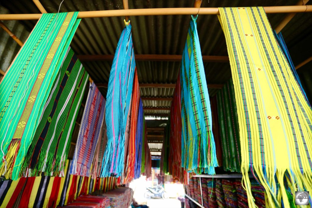 Colourful hand-woven Tais cloth for sale at the Tais Market in Dili.